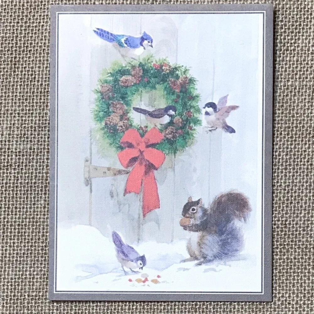 Vintage George Shedd Snow Wreath Birds Squirrel Christmas Card Cute Cottagecore